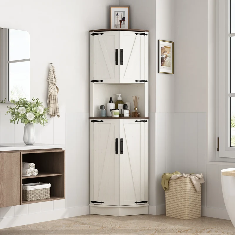 QiaoShiRenHign Farmhouse Bathroom Storage Tall Cabinet With Barn Doors And Adjustable Shelf