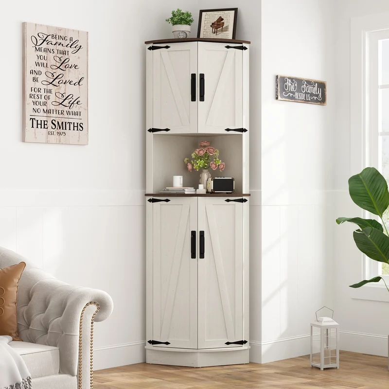 QiaoShiRenHign Farmhouse Bathroom Storage Tall Cabinet With Barn Doors And Adjustable Shelf