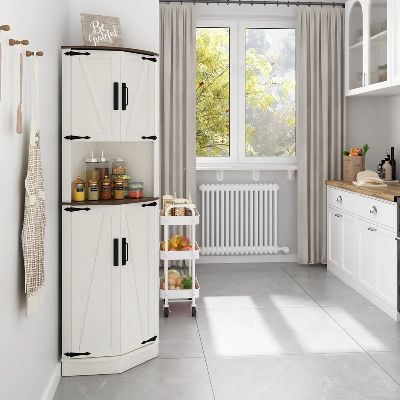 QiaoShiRenHign Farmhouse Bathroom Storage Tall Cabinet With Barn Doors And Adjustable Shelf
