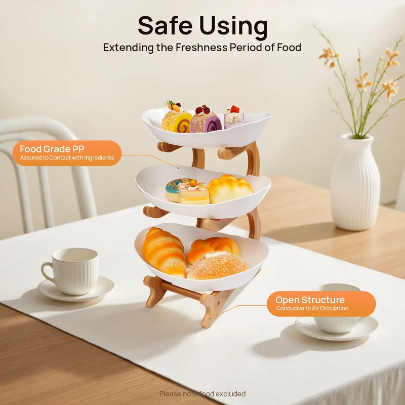 3-Tier Fruit Plate,Snack Dessert Cake Tray Plate Rack for Party Wedding,Fruit Bowl W/ Bamboo Wood Stand,Candy Dish Cake Stand