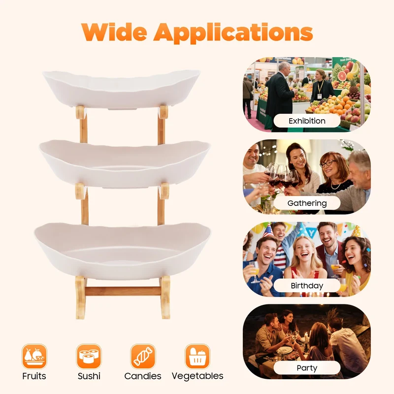 3-Tier Fruit Plate,Snack Dessert Cake Tray Plate Rack for Party Wedding,Fruit Bowl W/ Bamboo Wood Stand,Candy Dish Cake Stand