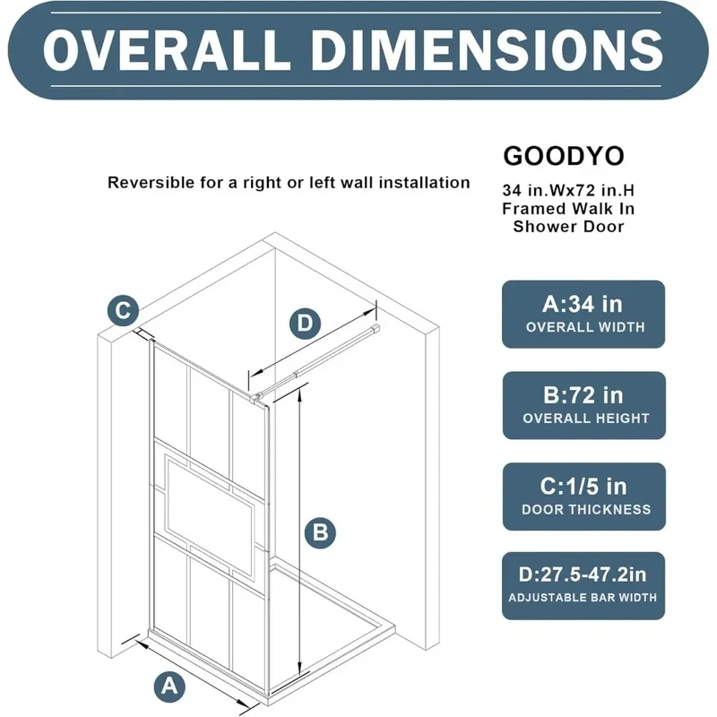 Customizable 34” X 72” Glass Shower Door Fixed Framed Shower Screen Tempered Glass Panel For Walk-in Shower Room, Grid Pattern,