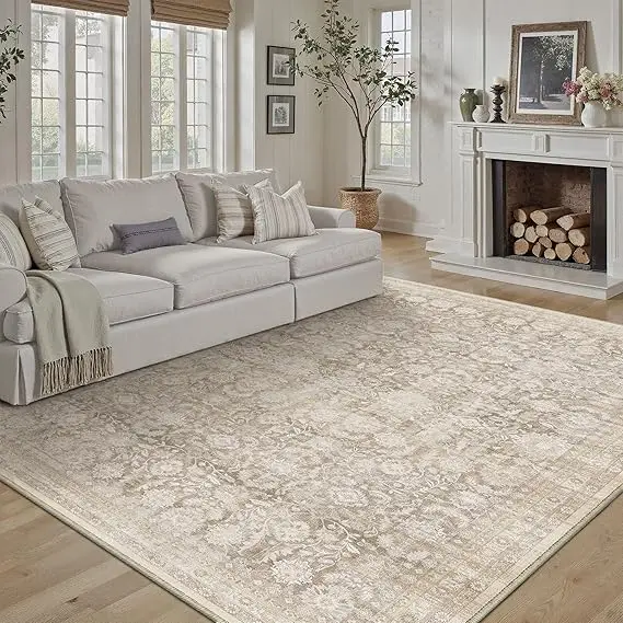 Elegant Floral Area Rug Living Room Low Pile Stain Resistant
