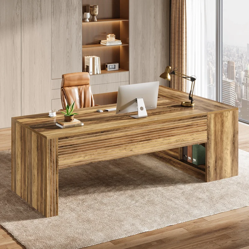 Tribesigns Large Executive L Shaped Desk With Cabinet And Ample Wooden Farmhouse Storage Shelves For Office