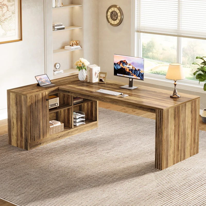 Tribesigns Large Executive L Shaped Desk With Cabinet And Ample Wooden Farmhouse Storage Shelves For Office