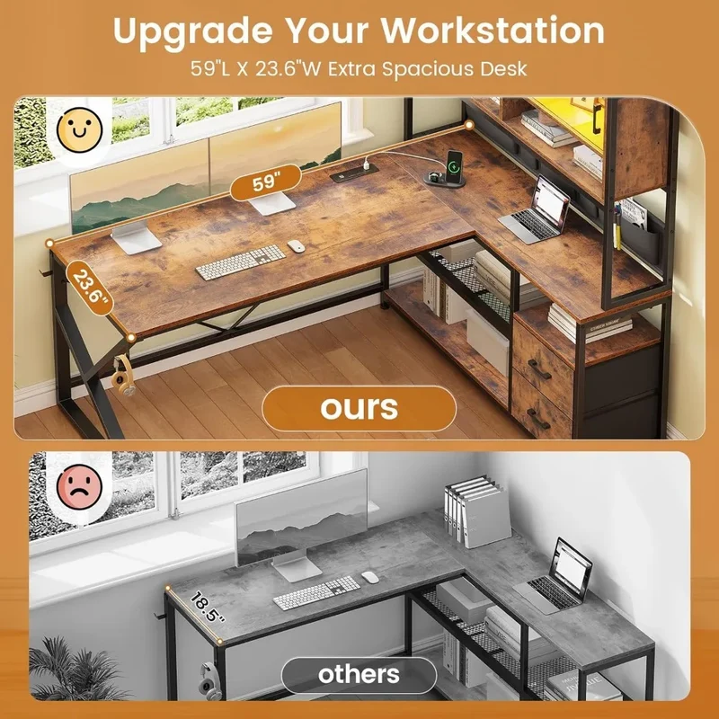 DAFIFY L Shaped Computer Desk with Drawers, Bookshelf, LED Light, Glass Cabinet for Home Office Gaming