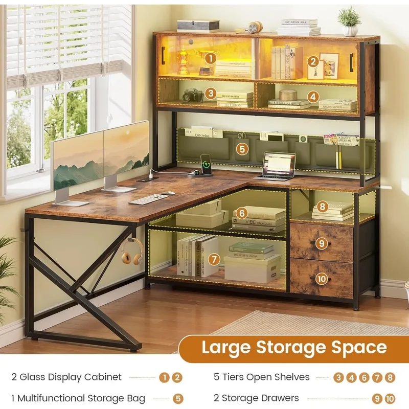 DAFIFY L Shaped Computer Desk with Drawers, Bookshelf, LED Light, Glass Cabinet for Home Office Gaming