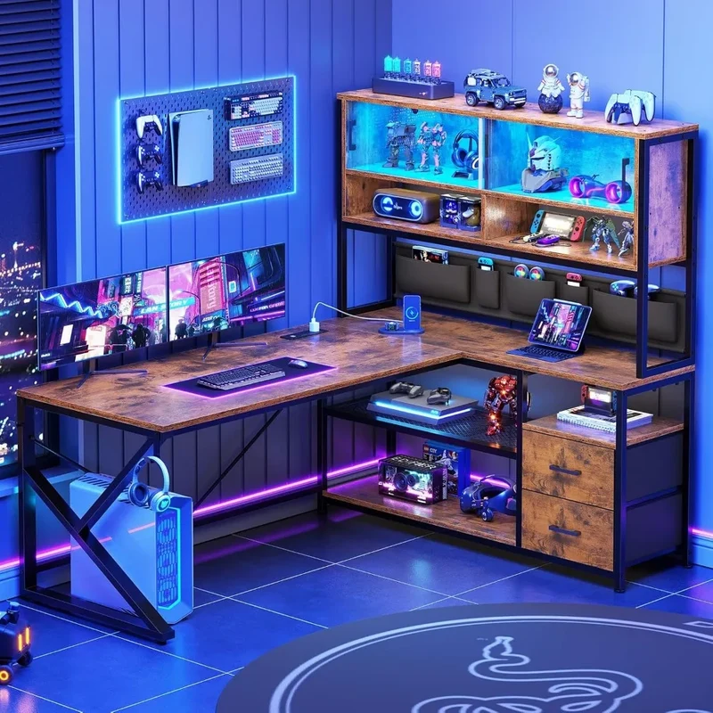 DAFIFY L Shaped Computer Desk with Drawers, Bookshelf, LED Light, Glass Cabinet for Home Office Gaming