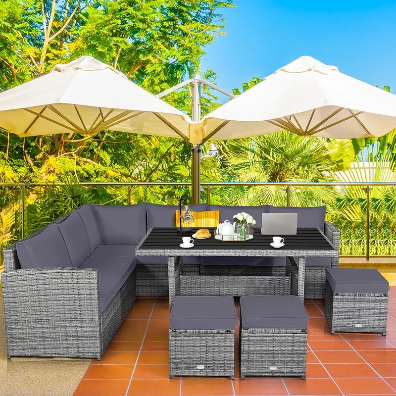 HOMASIS 7 Piece Patio Rattan Dining Set Sectional Sofa Ottomans