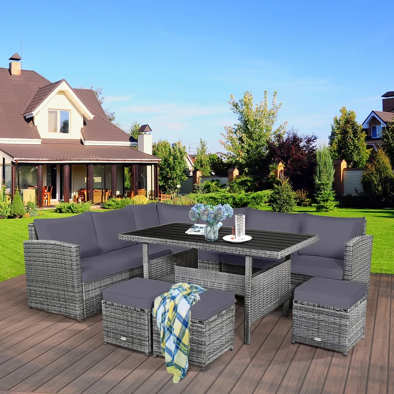 HOMASIS 7 Piece Patio Rattan Dining Set Sectional Sofa Ottomans