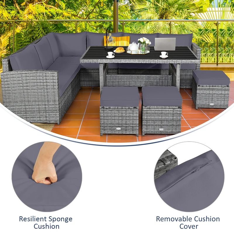 HOMASIS 7 Piece Patio Rattan Dining Set Sectional Sofa Ottomans