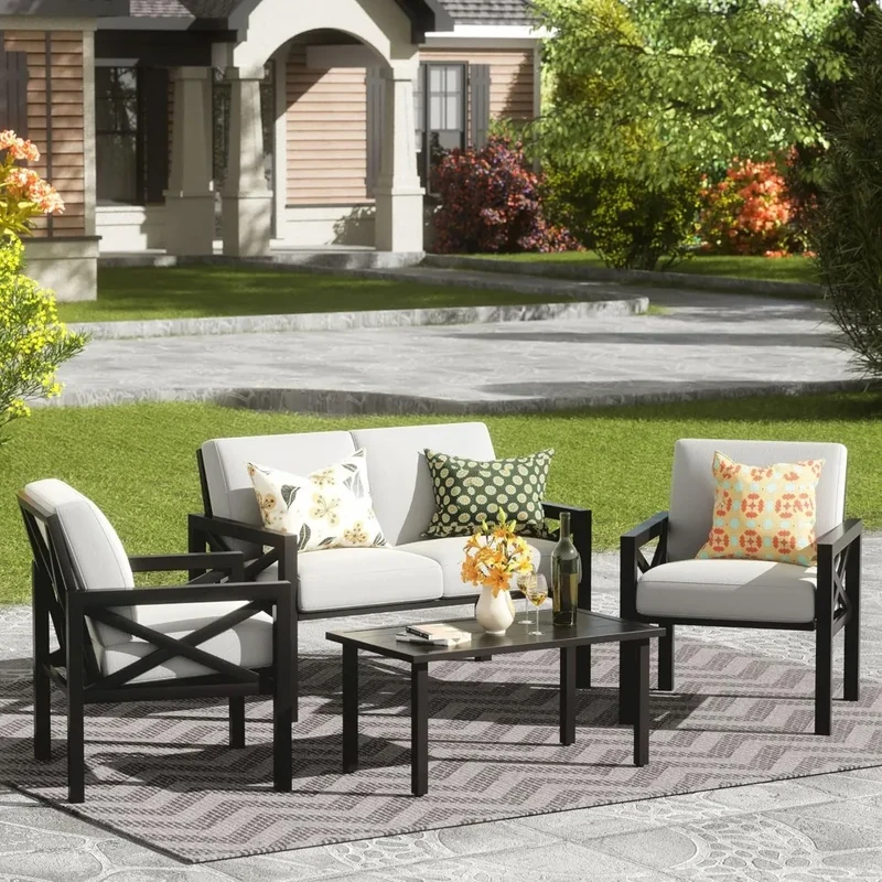 ANGDUO Outdoor 4 Piece Patio Furniture Set Modern Outdoor Sectional Metal Sofa All Weather