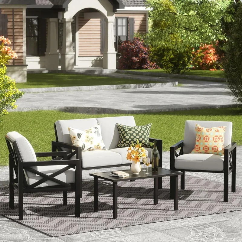ANGDUO Outdoor 4 Piece Patio Furniture Set Modern Outdoor Sectional Metal Sofa All Weather