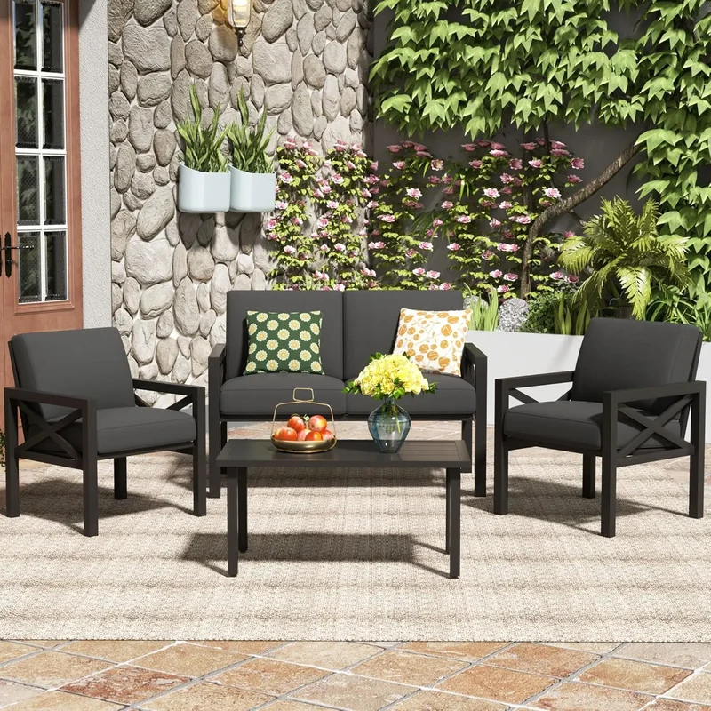 ANGDUO Outdoor 4 Piece Patio Furniture Set Modern Outdoor Sectional Metal Sofa All Weather