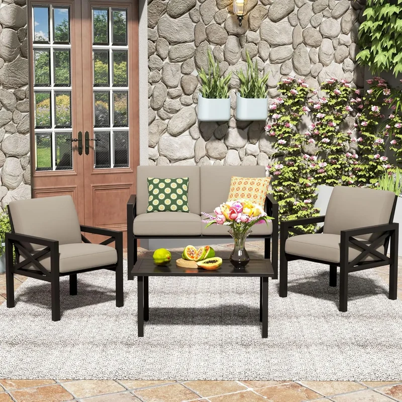 ANGDUO Outdoor 4 Piece Patio Furniture Set Modern Outdoor Sectional Metal Sofa All Weather