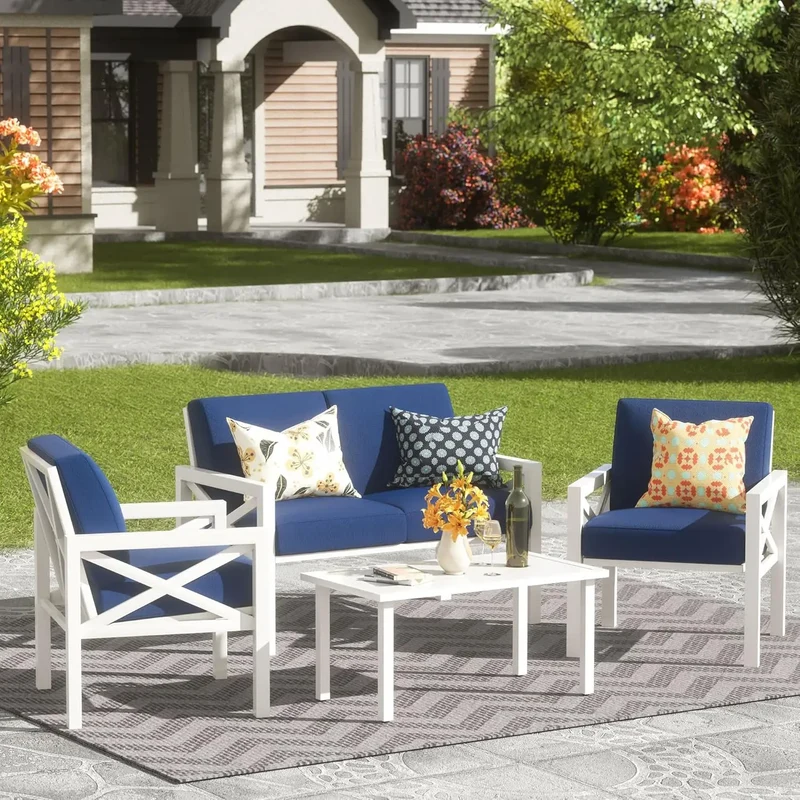 ANGDUO Outdoor 4 Piece Patio Furniture Set Modern Outdoor Sectional Metal Sofa All Weather