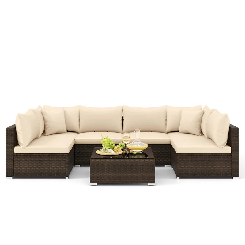HOMASIS 7 Piece Patio Rattan Furniture Set Cushioned Sectional Sofa For Garden Outdoor