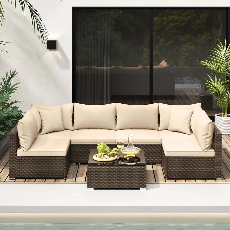 HOMASIS 7 Piece Patio Rattan Furniture Set Cushioned Sectional Sofa For Garden Outdoor