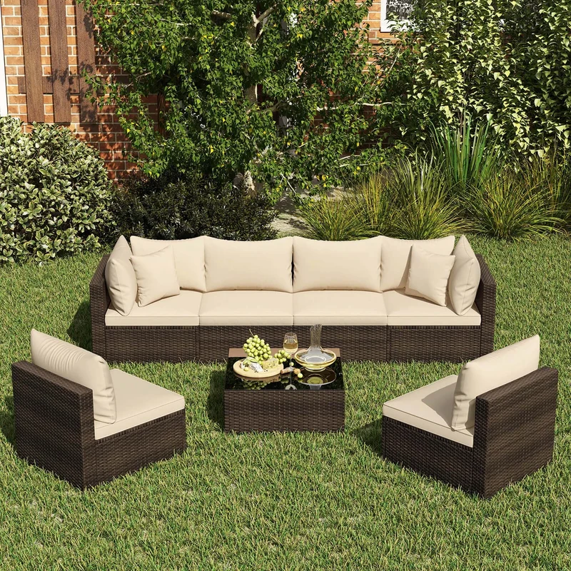 HOMASIS 7 Piece Patio Rattan Furniture Set Cushioned Sectional Sofa For Garden Outdoor
