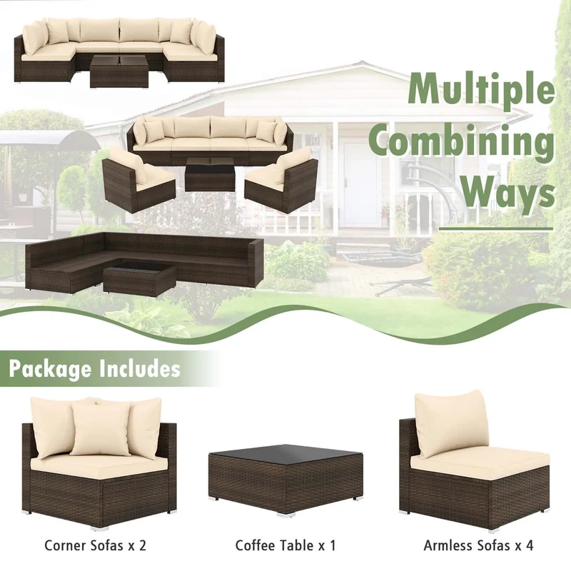 HOMASIS 7 Piece Patio Rattan Furniture Set Cushioned Sectional Sofa For Garden Outdoor