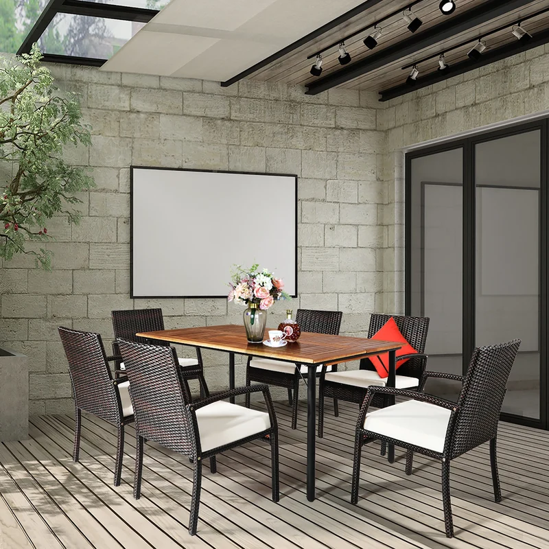 HOMASIS 7-Piece Outdoor Patio Rattan Dining Set With Wooden Table Top And Umbrella Hole