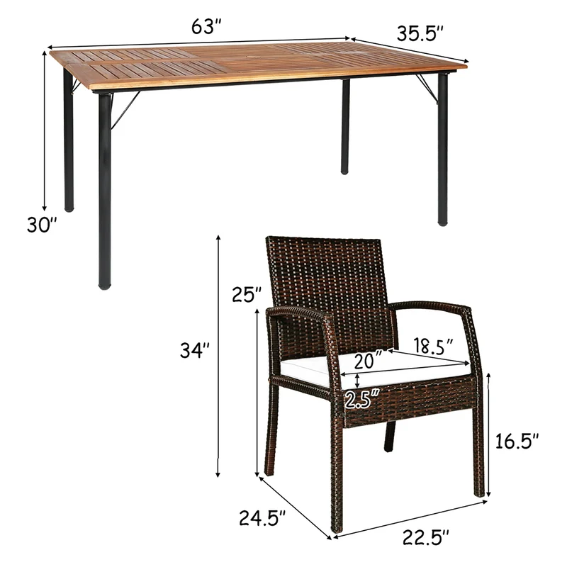 HOMASIS 7-Piece Outdoor Patio Rattan Dining Set With Wooden Table Top And Umbrella Hole