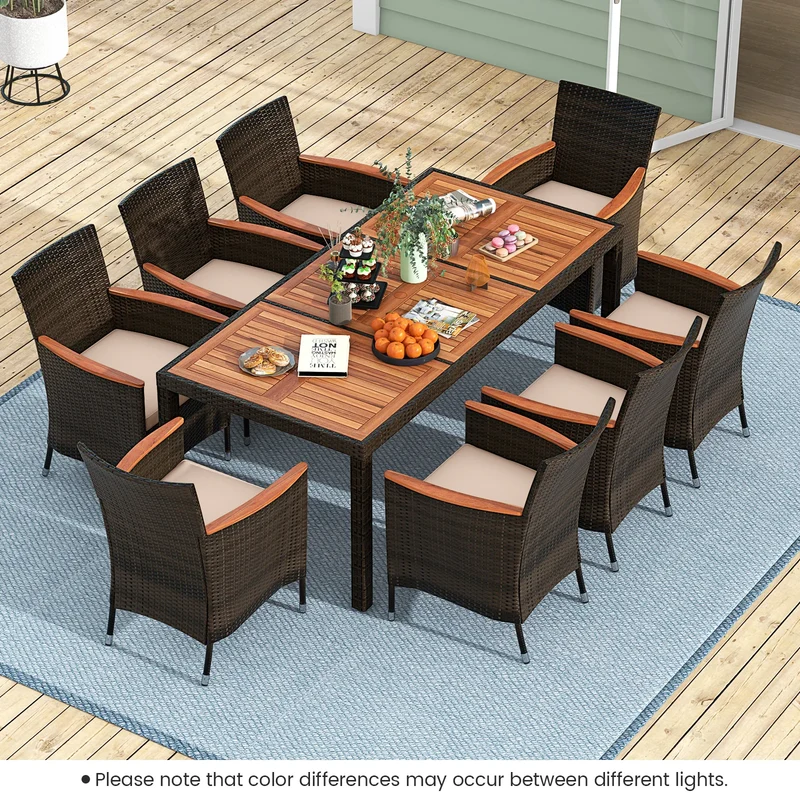 Homasis 9 Piece Patio Wicker Dining Set With Acacia Wood Table Umbrella Hole Cushions Chairs