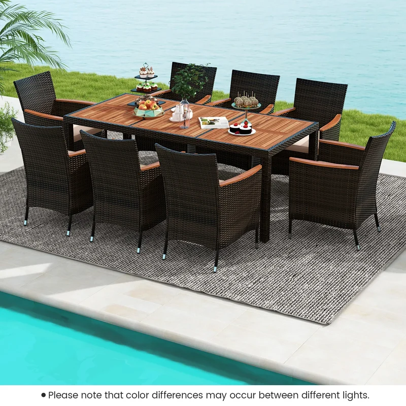 Homasis 9 Piece Patio Wicker Dining Set With Acacia Wood Table Umbrella Hole Cushions Chairs