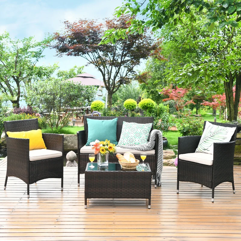 HOMASIS 4 Piece Rattan Patio Furniture Set Cushioned Sofa Chair Coffee Table Garden