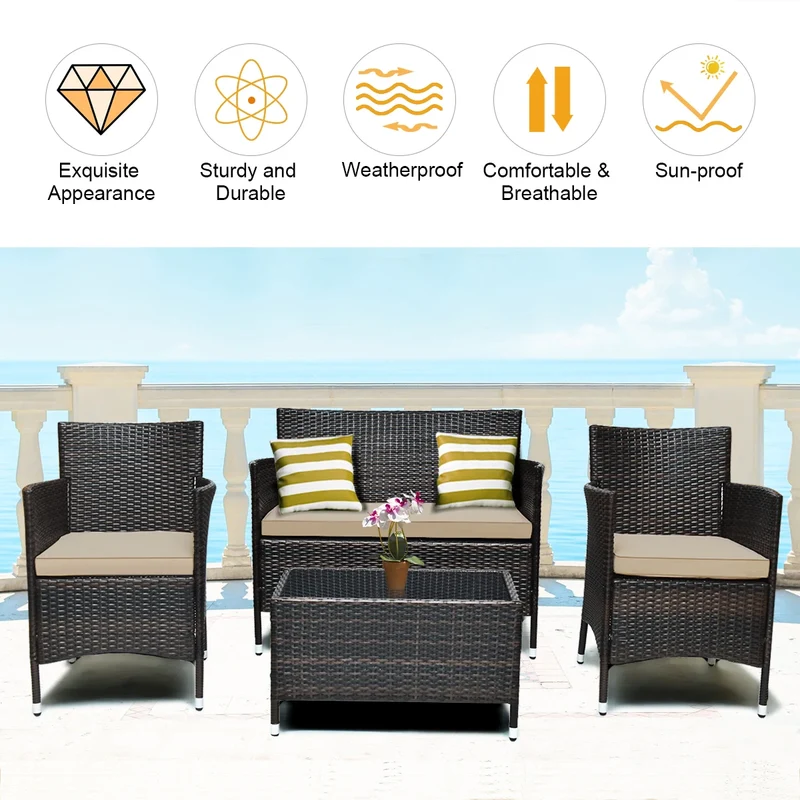 HOMASIS 4 Piece Rattan Patio Furniture Set Cushioned Sofa Chair Coffee Table Garden