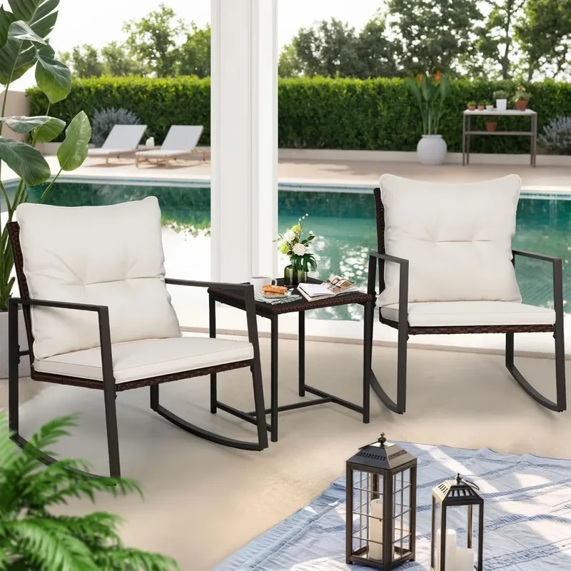Three Piece Patio Bistro Set With Glass Coffee Table And Rocking Chairs For Outdoor Porch