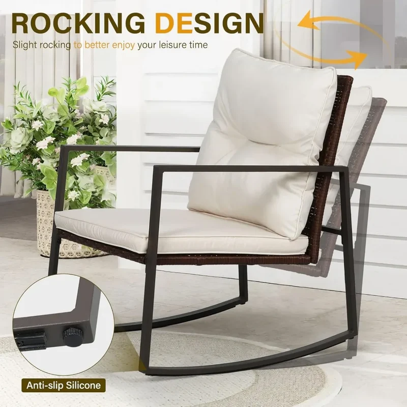 Three Piece Patio Bistro Set With Glass Coffee Table And Rocking Chairs For Outdoor Porch