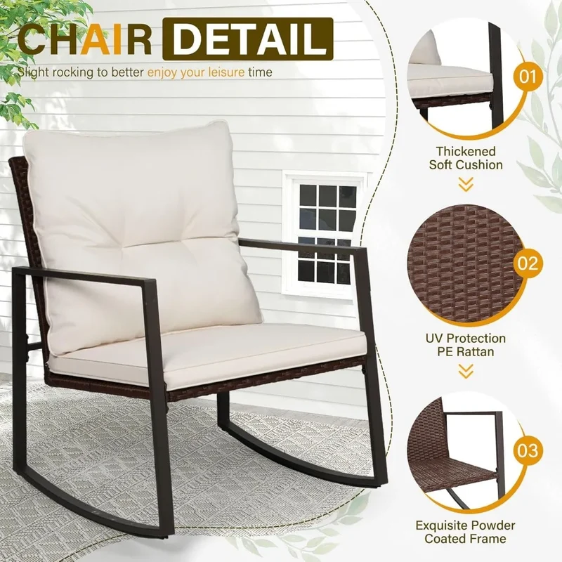 Three Piece Patio Bistro Set With Glass Coffee Table And Rocking Chairs For Outdoor Porch