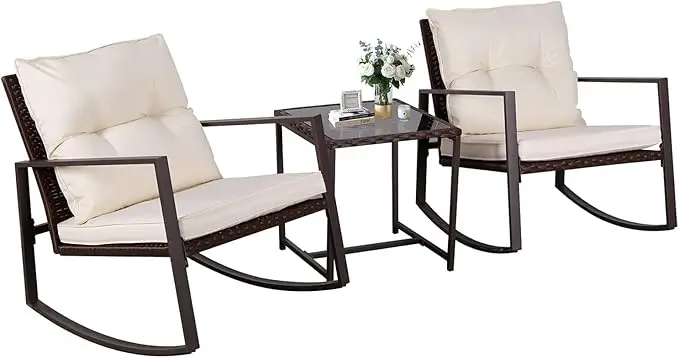 Three Piece Patio Bistro Set With Glass Coffee Table And Rocking Chairs For Outdoor Porch