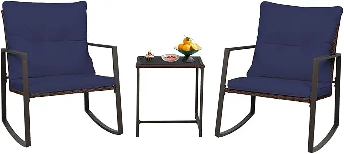 Three Piece Patio Bistro Set With Glass Coffee Table And Rocking Chairs For Outdoor Porch