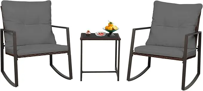 Three Piece Patio Bistro Set With Glass Coffee Table And Rocking Chairs For Outdoor Porch