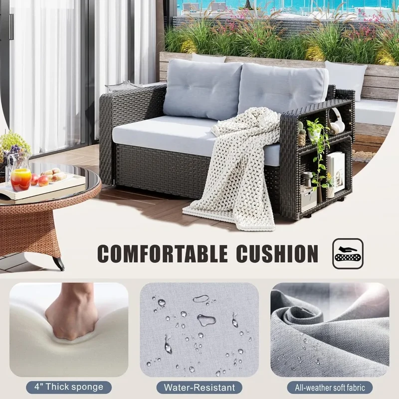 PatioArea Wicker Sofa With Foldable Table Allweather Rattan OutdoorFurnishings Set