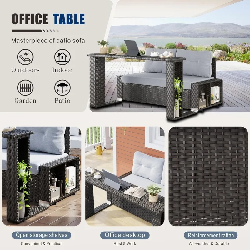 PatioArea Wicker Sofa With Foldable Table Allweather Rattan OutdoorFurnishings Set
