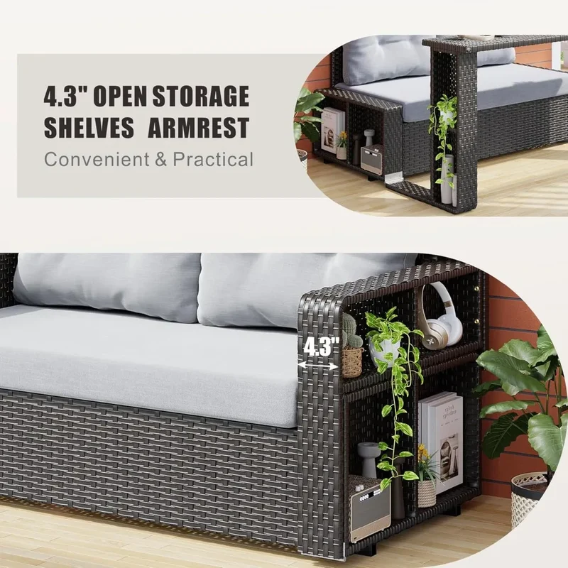 PatioArea Wicker Sofa With Foldable Table Allweather Rattan OutdoorFurnishings Set