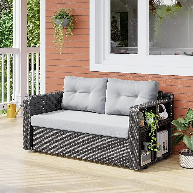 PatioArea Wicker Sofa With Foldable Table Allweather Rattan OutdoorFurnishings Set