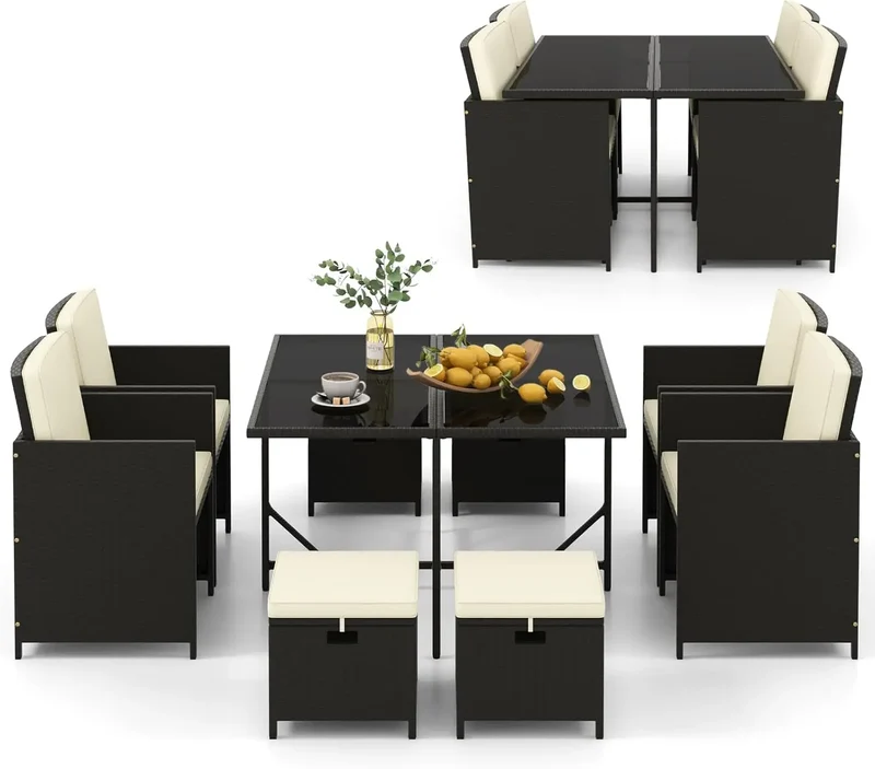 Patio Dining Set With Rattan Chairs And Tempered Glass Table