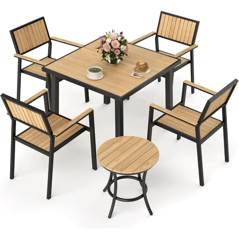 Patio Dining Set Outdoor Aluminum Furniture With Plastic Wood Tabletop Modern Style