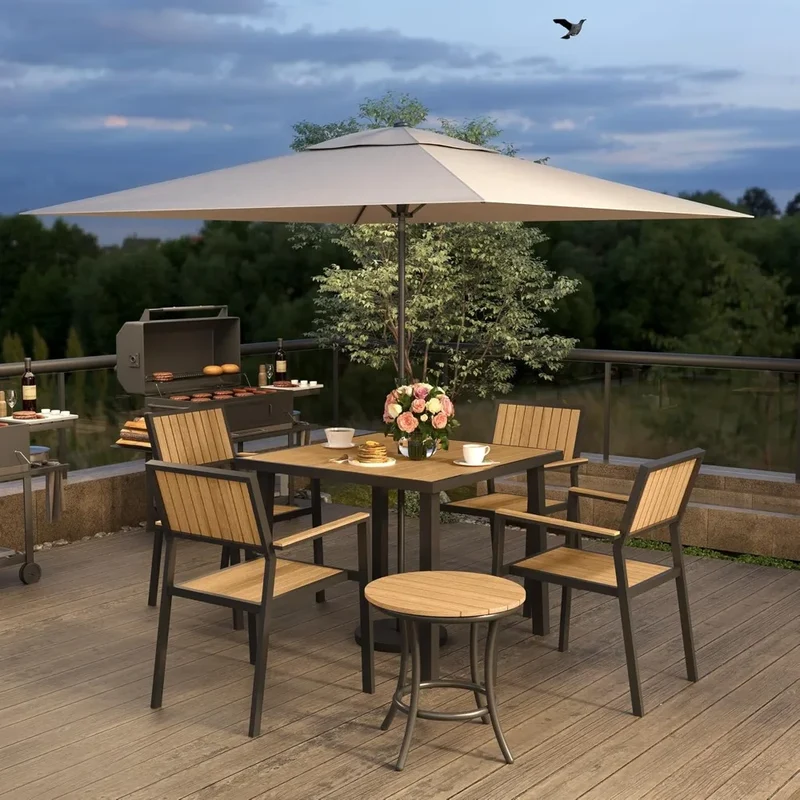 Patio Dining Set Outdoor Aluminum Furniture With Plastic Wood Tabletop Modern Style