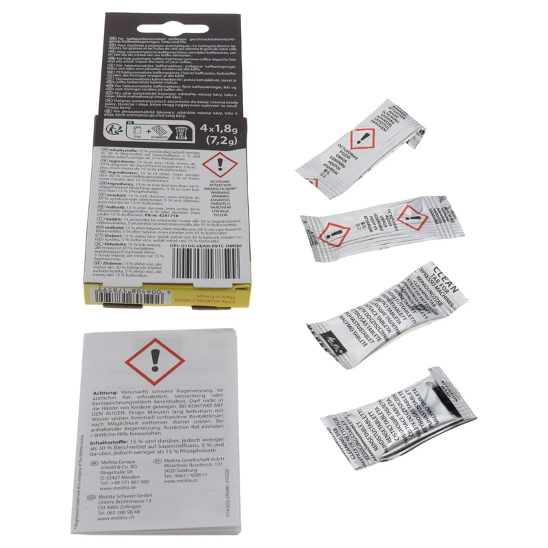 Kit 4 pastiglie sgrassanti pulizia Melitta universali per macchine da caffè